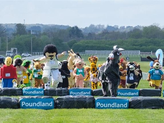 Lots of runners in giant mascot outfits taking on the hurdles during the Mascot Gold Cup race