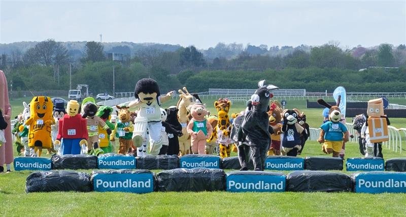 Lots of runners in giant mascot outfits taking on the hurdles during the Mascot Gold Cup race