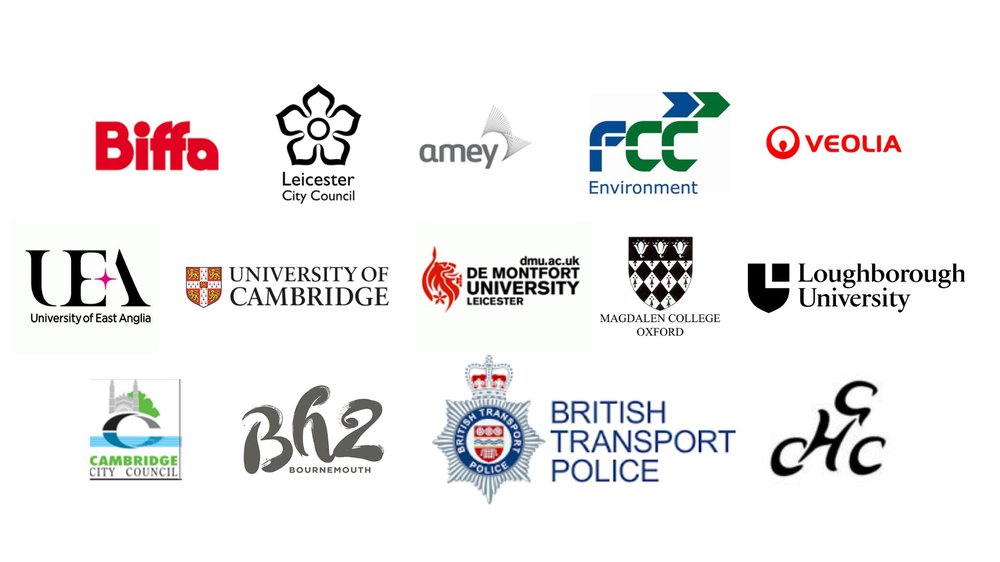 Logos of our bike partners from left to right: Row 1 - Biffa, Leicester City Council, Amey, FCC Environment, Veolia; Row 2 - University of East Anglia, University of Cambridge, De Montfort University