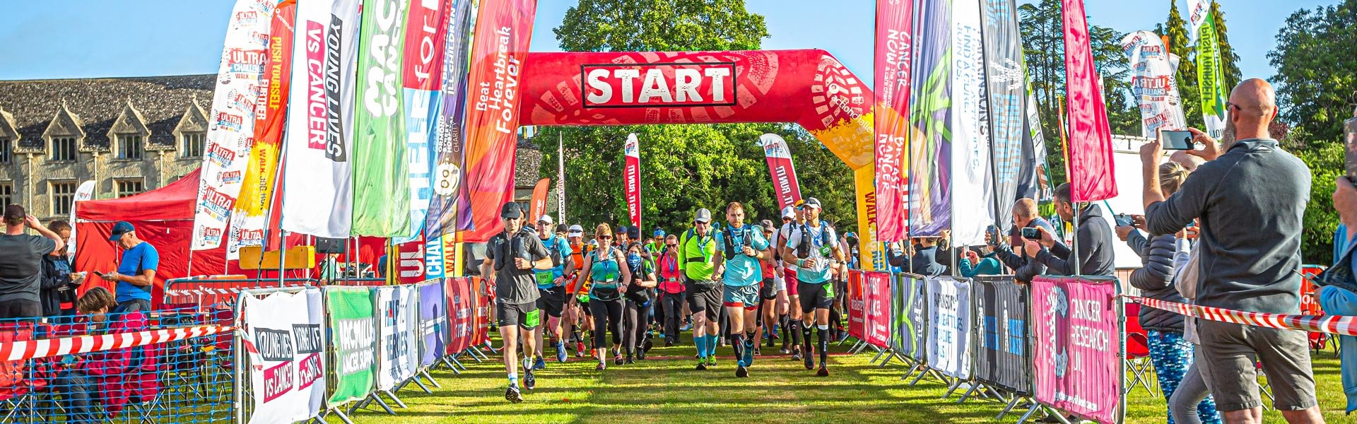 Images of the starting line featuring a large group of people running at an Ultra Challenges event