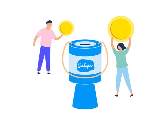 An illustration of two people holding coins in the air, next to a giant Sue Ryder collection box