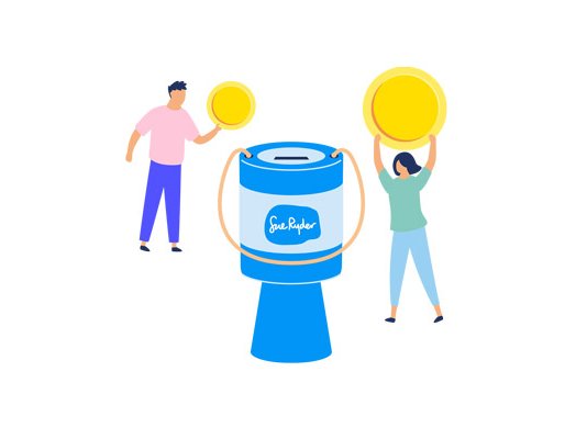 An illustration of two people holding coins in the air, next to a giant Sue Ryder collection box