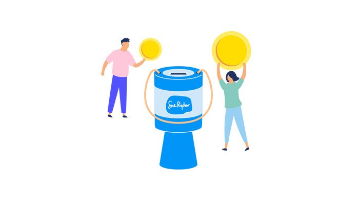 An illustration of two people holding coins in the air, next to a giant Sue Ryder collection box