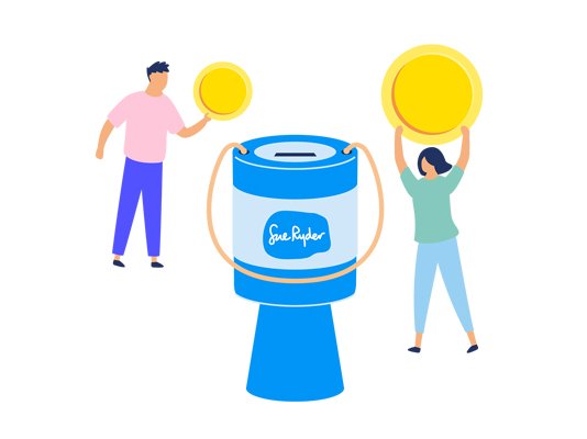 An illustration of two people putting coins into a collection box