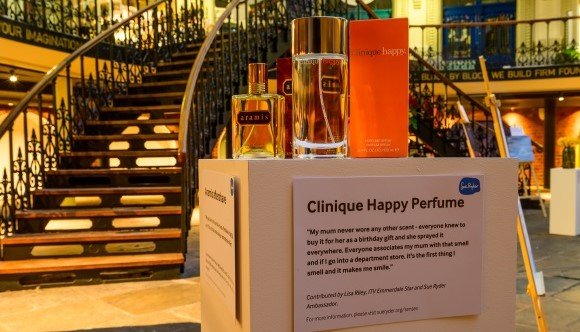 Image of perfume bottles on display as part of Sue Ryder’s ‘A Sense of Grief’ campaign displays