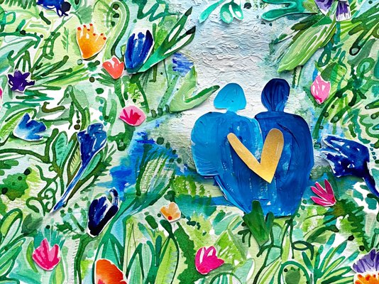 Camilla Flint's painting of the Sue Ryder Grief Kind Garden, showing two people surrounded by flowers and grass