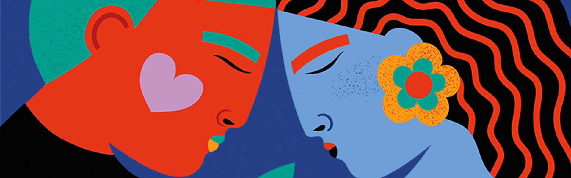 Colourful illustration of two people with their foreheads touching and shapes around them