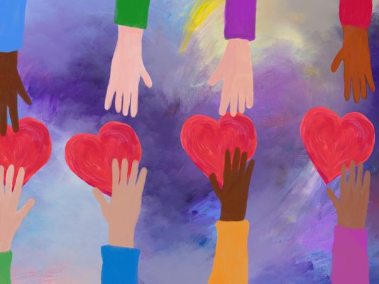 Lots of different hands holding hearts together