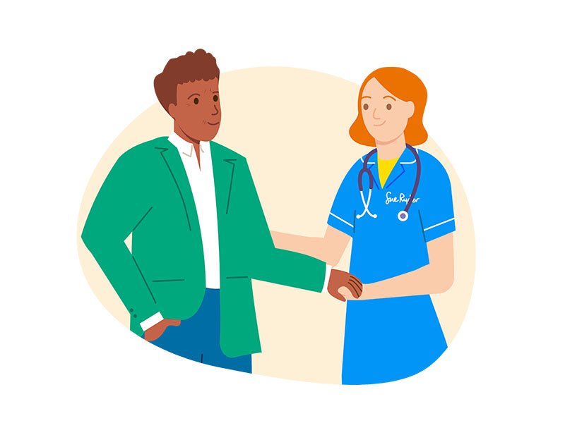 An illustration of a Sue Ryder Nurse holding a patient's hand