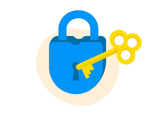 An illustration of a blue padlock with a gold key