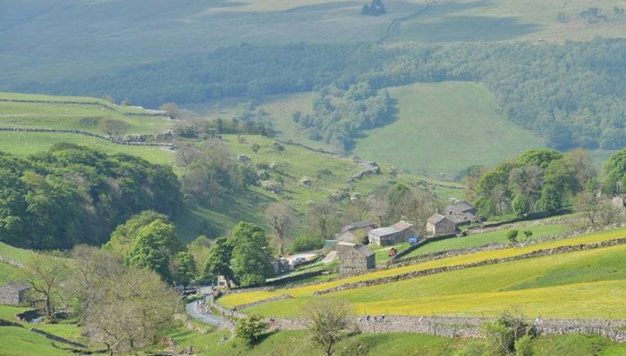 A high view of Le Petit Depart cyclists on a country lane, surrounded by the Yorkshire Dales