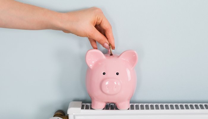 A person putting a coin into a piggy bank
