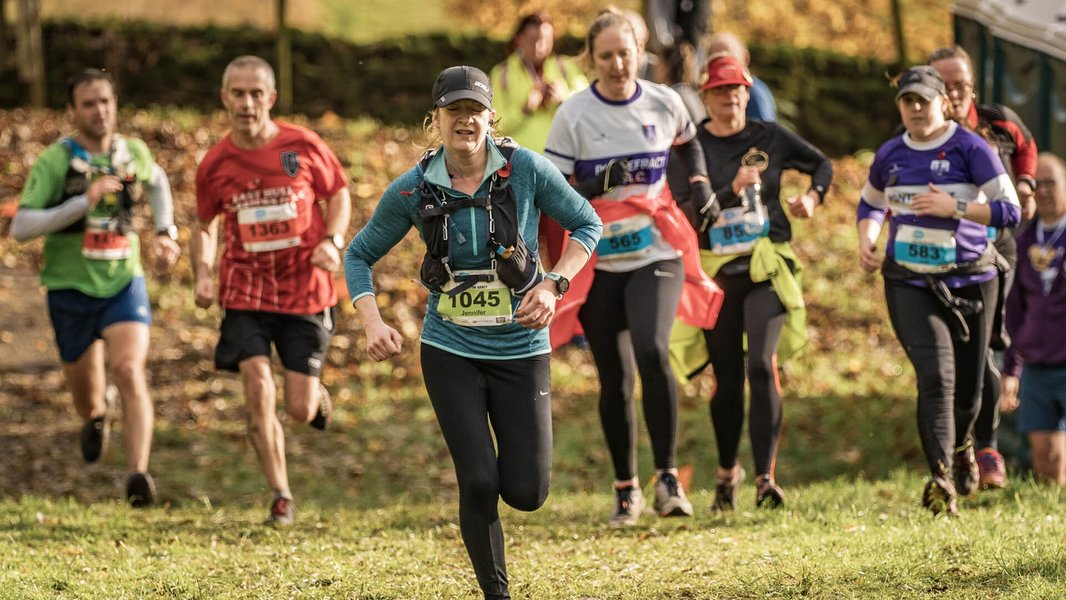 A large group of runners at the Run Bolton Abbey finish line