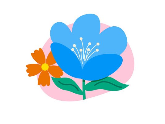 An illustration of a large blue flower, with a smaller red flower behind