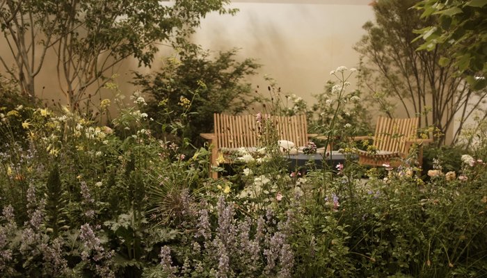 The Sue Ryder Grief Kind Garden, with a bench, table and all of the plants, flowers and trees surrounding them