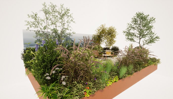 A design plan, showing the Sue Ryder Grief Kind Garden, with grass, flowers and deck chairs
