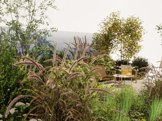 The Sue Ryder Grief Kind Garden, with grass, flowers and deck chairs