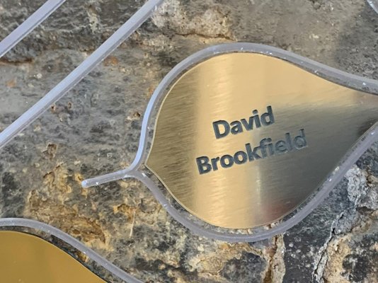 Brass Memory Tree leaves with names of loved ones in black text