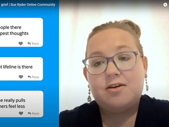 A screenshot of our Online Community video, showing a member talking next to messages posted by others