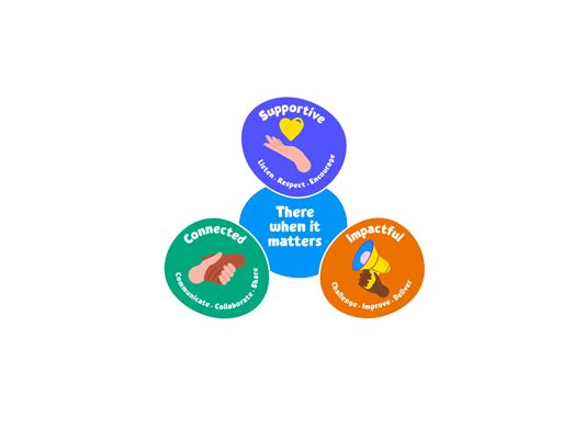 Diagram of Sue Ryder's values and behaviours - Connected, Supportive, Impactful