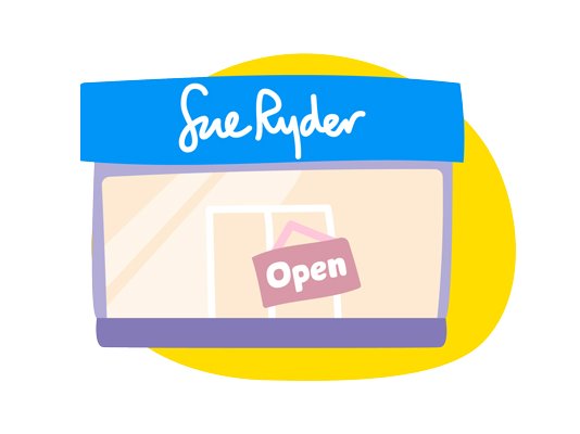 An illustration of a Sue Ryder shop with an 'open' sign on the door