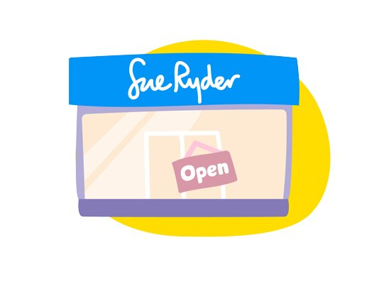 An illustration of a Sue Ryder shop with an 'open' sign on the door