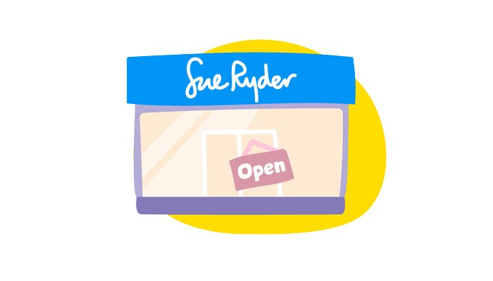 An illustration of a Sue Ryder shop with an 'open' sign on the door