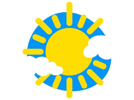 An illustration of a bright yellow sun, emerging from behind some clouds