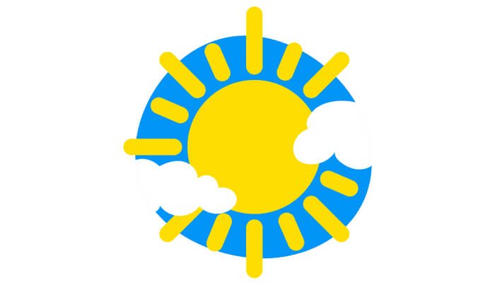 An illustration of a bright yellow sun, emerging from behind some clouds