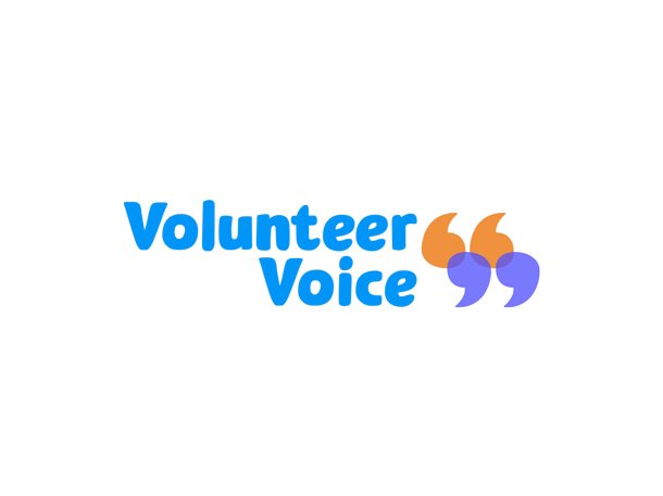 The Volunteer Voice logo in blue text, with orange and blue quotation marks to the right