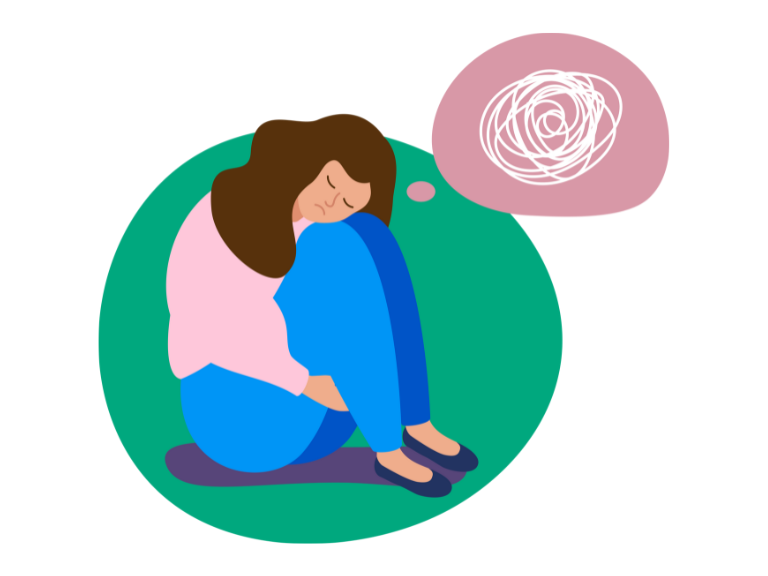 Illustration of women hunched over. Thought bubble with messy scribbles is coming out of her head.