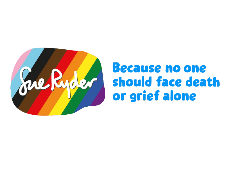 Image of the Sue Ryder logo in the LGBTQ+ Pride flag colours