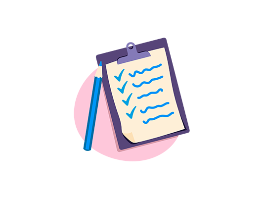 Illustration of a clipboard and pen, with a checklist