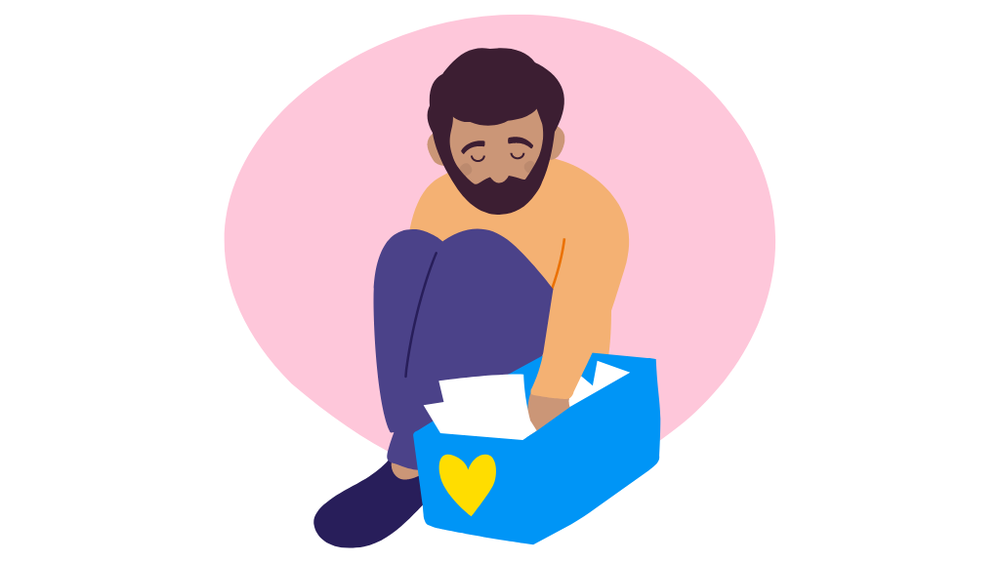 Illustration of man reaching into a box with a heart into it