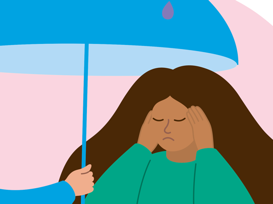 An illustration showing a sad lady under an umbrella, held by another person, as rain falls down