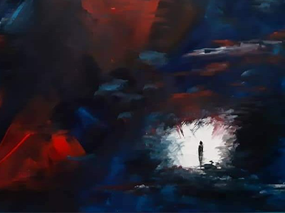 A dark blue and red painting, with a white centre where a small black silhouette stands.