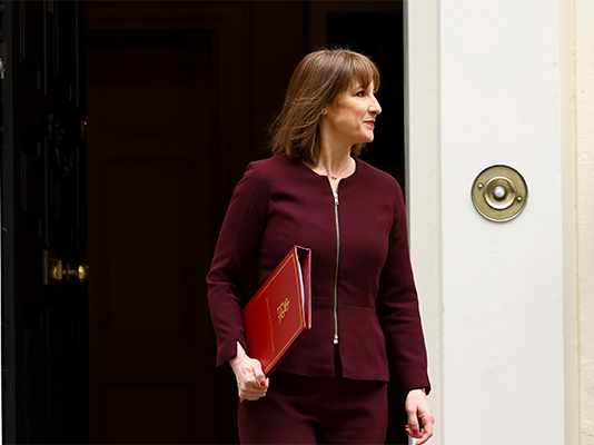 The Chancellor Rachel Reeves exits No 11 Downing Street with red leather binder