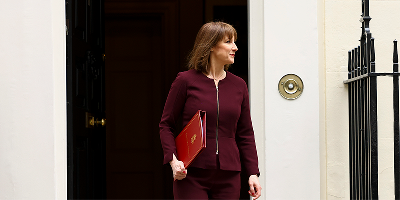 The Chancellor Rachel Reeves exits No 11 Downing Street with red leather binder