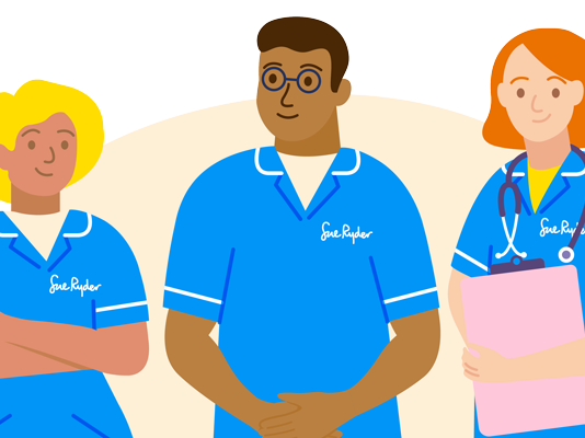An illustration of three Sue Ryder Nurses in their blue uniforms