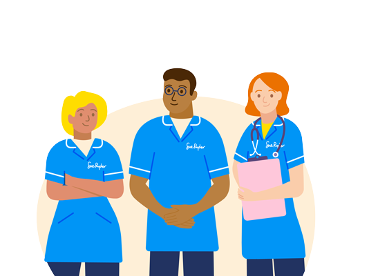 A team of three Sue Ryder Nurses in their blue uniforms