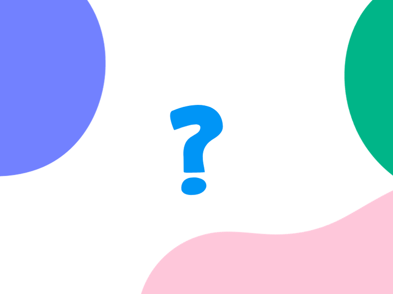 A blue question mark on a white background with coloured shapes surrounding it