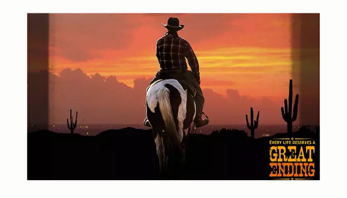 Cowboy riding into the sunset, in the style of a movie poster.