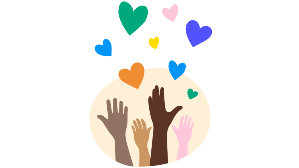 An illustration of four raised hands in different skin colours and sizes with several multi-coloured hearts above.